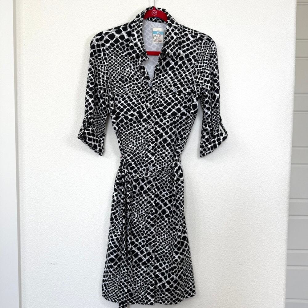 NWT J.McLaughlin Gilchrist Shirt Dress Mod Snake Print Black‎ White 3/4 Sleeve S